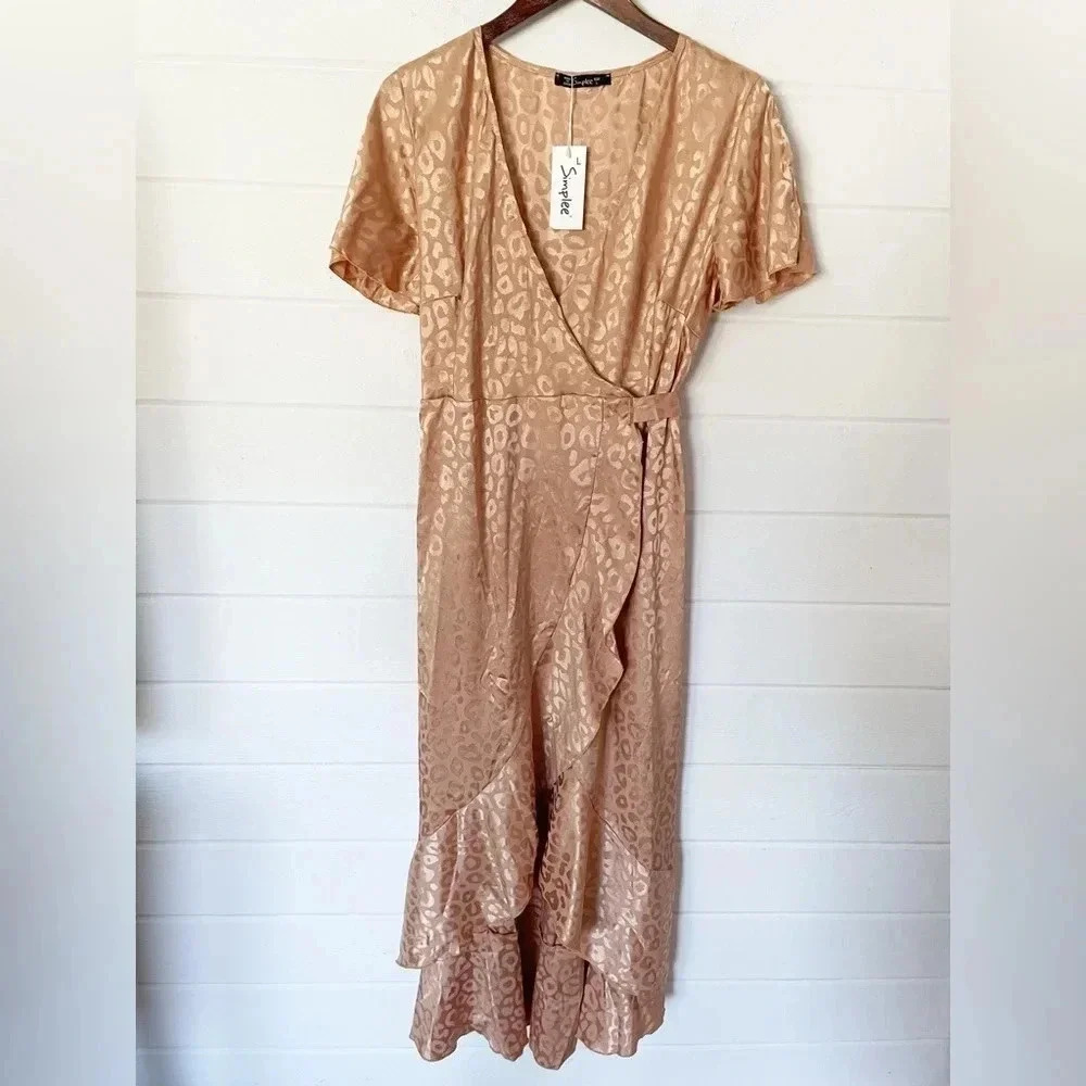 NWT Simplee Midi Animal Print Wrap Asymmetric Dress Size Large in Gold - Picture 6 of 13
